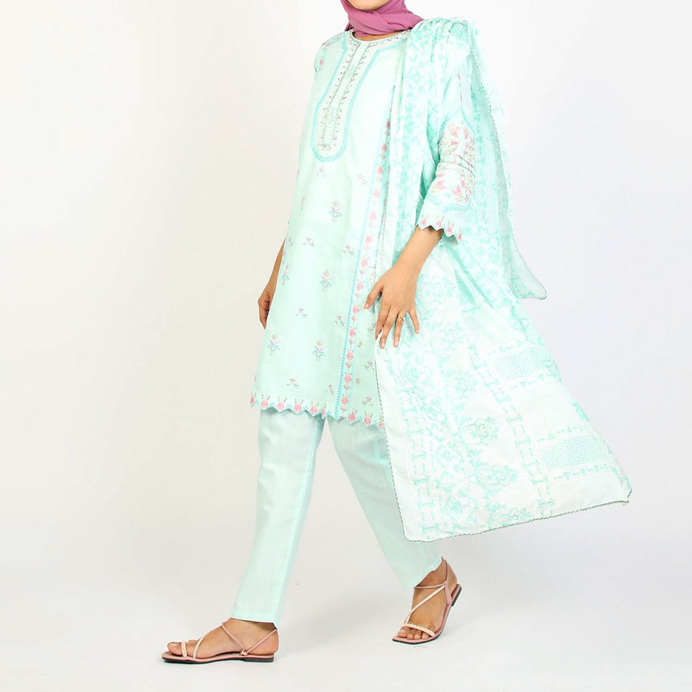 Women's Embroidered Jacquard 3Pcs Suit - Turquoise, Women Shalwar Suits, Chase Value, Chase Value