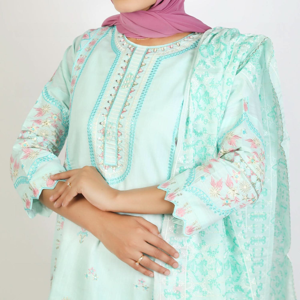 Women's Embroidered Jacquard 3Pcs Suit - Turquoise, Women Shalwar Suits, Chase Value, Chase Value