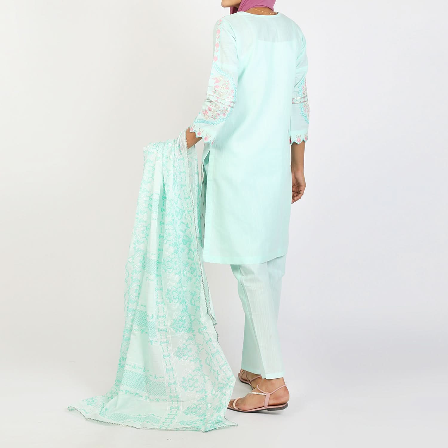 Women's Embroidered Jacquard 3Pcs Suit - Turquoise, Women Shalwar Suits, Chase Value, Chase Value