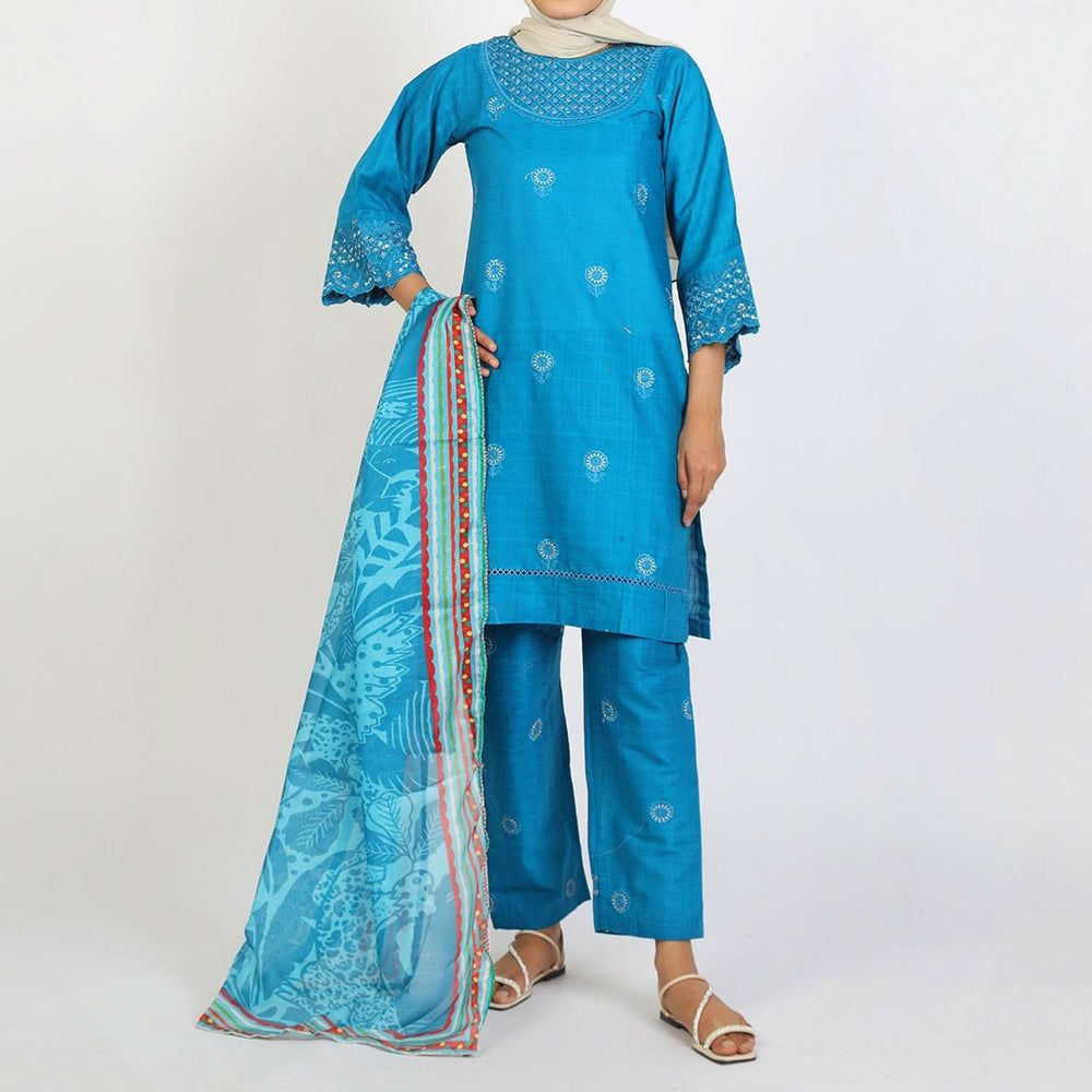 Women’s Stitched 3-Piece Cotton Suit – Turquoise Blue, Women Shalwar Suits, Chase Value, Chase Value