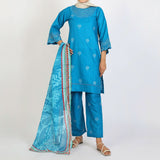 Women’s Stitched 3-Piece Cotton Suit – Turquoise Blue, Women Shalwar Suits, Chase Value, Chase Value