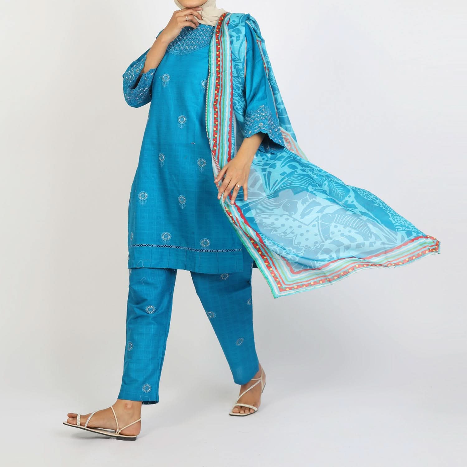 Women’s Stitched 3-Piece Cotton Suit – Turquoise Blue, Women Shalwar Suits, Chase Value, Chase Value