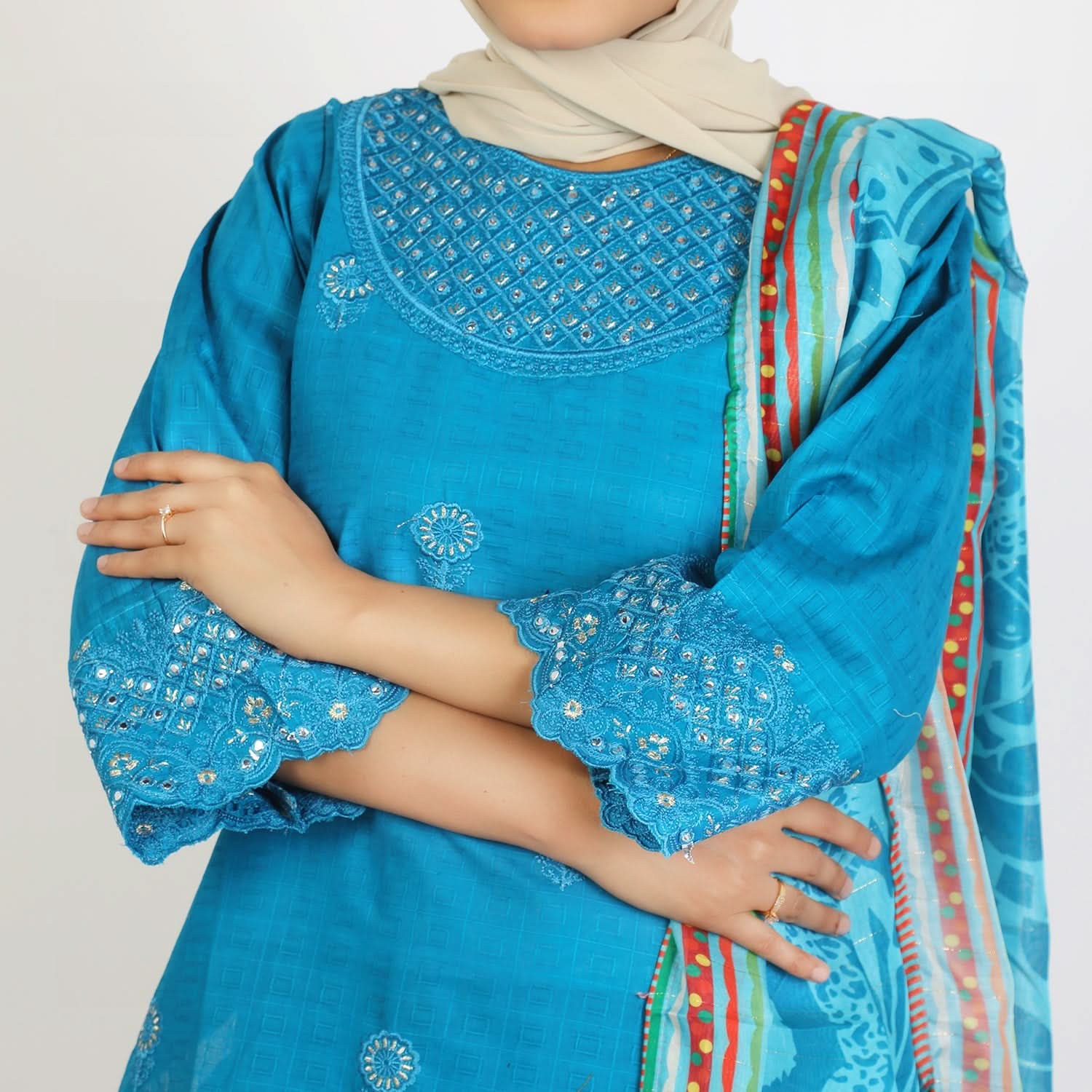 Women’s Stitched 3-Piece Cotton Suit – Turquoise Blue, Women Shalwar Suits, Chase Value, Chase Value