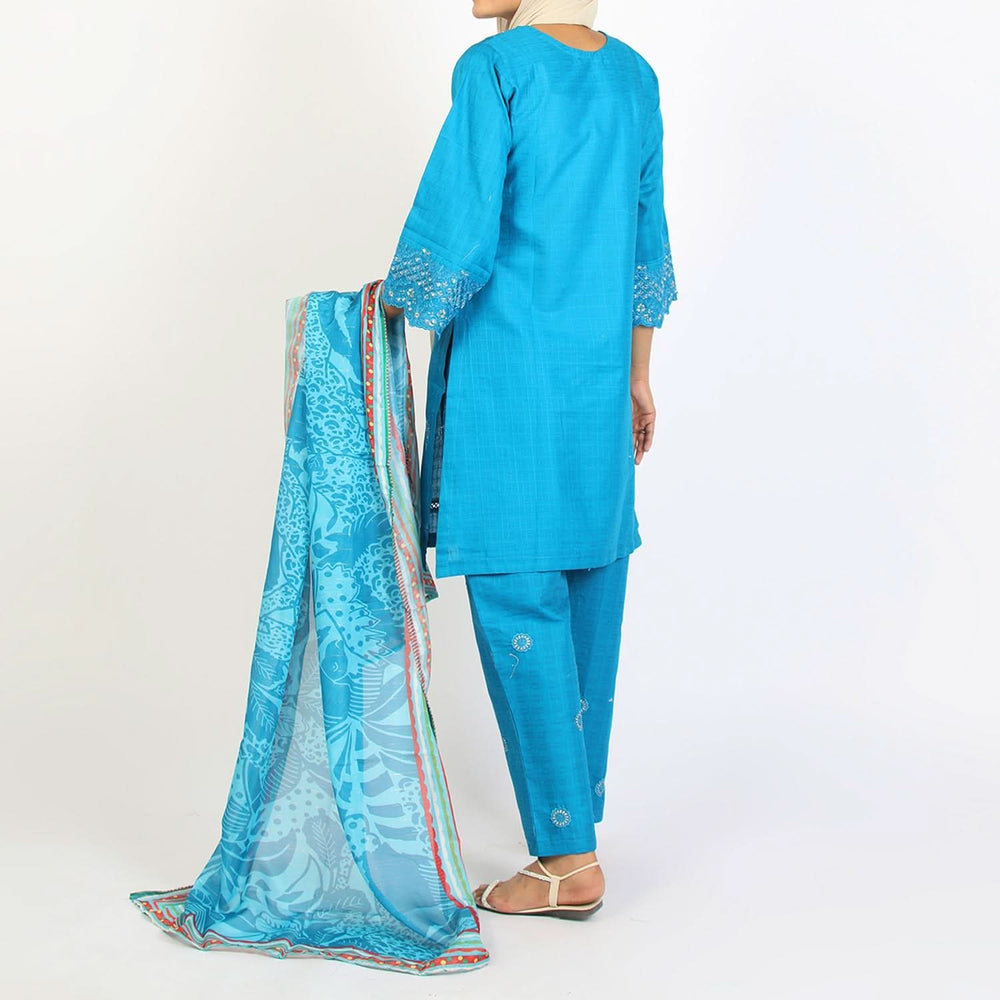 Women’s Stitched 3-Piece Cotton Suit – Turquoise Blue, Women Shalwar Suits, Chase Value, Chase Value