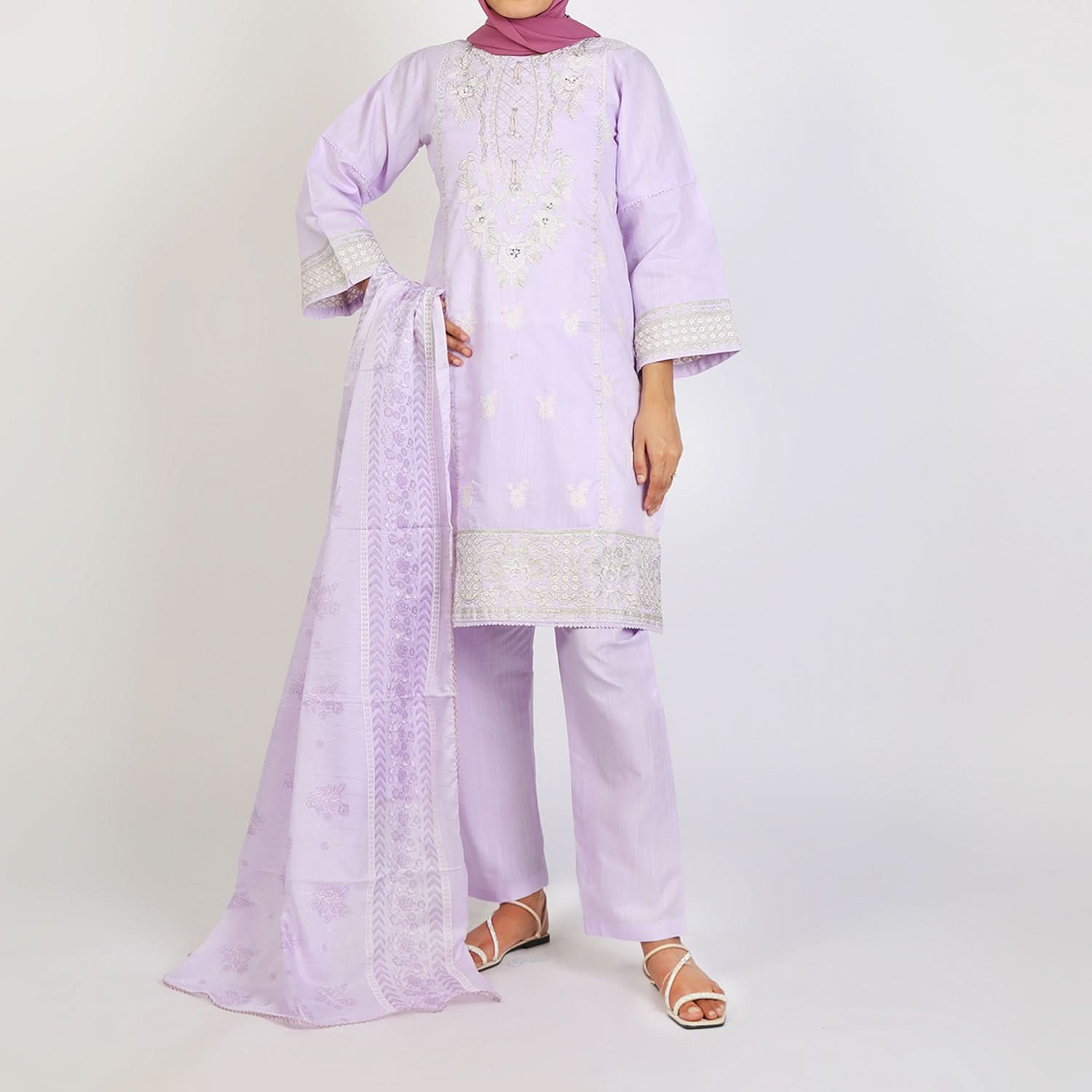 Women's Embroidered Jacquard 3Pcs Suit - Purple, Women Shalwar Suits, Chase Value, Chase Value