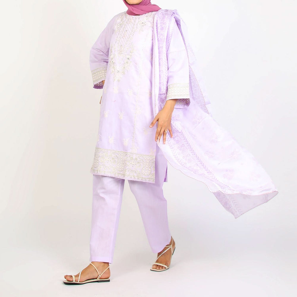 Women's Embroidered Jacquard 3Pcs Suit - Purple, Women Shalwar Suits, Chase Value, Chase Value