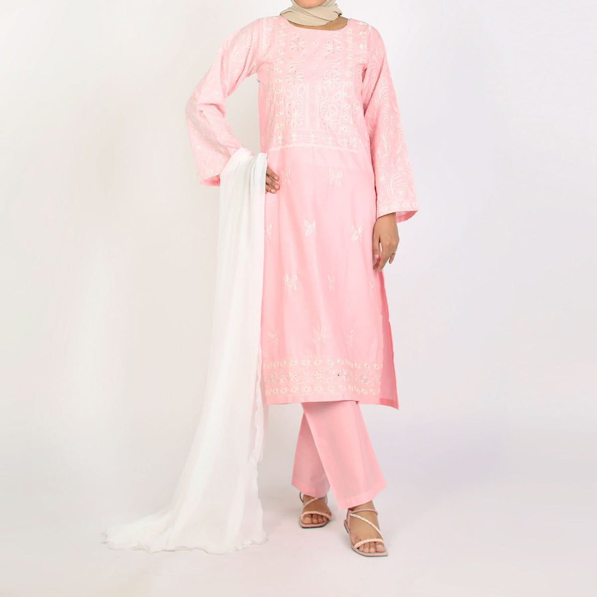 Women's Embroidered Cotton 3Pcs Suit - Pink, Women Shalwar Suits, Chase Value, Chase Value