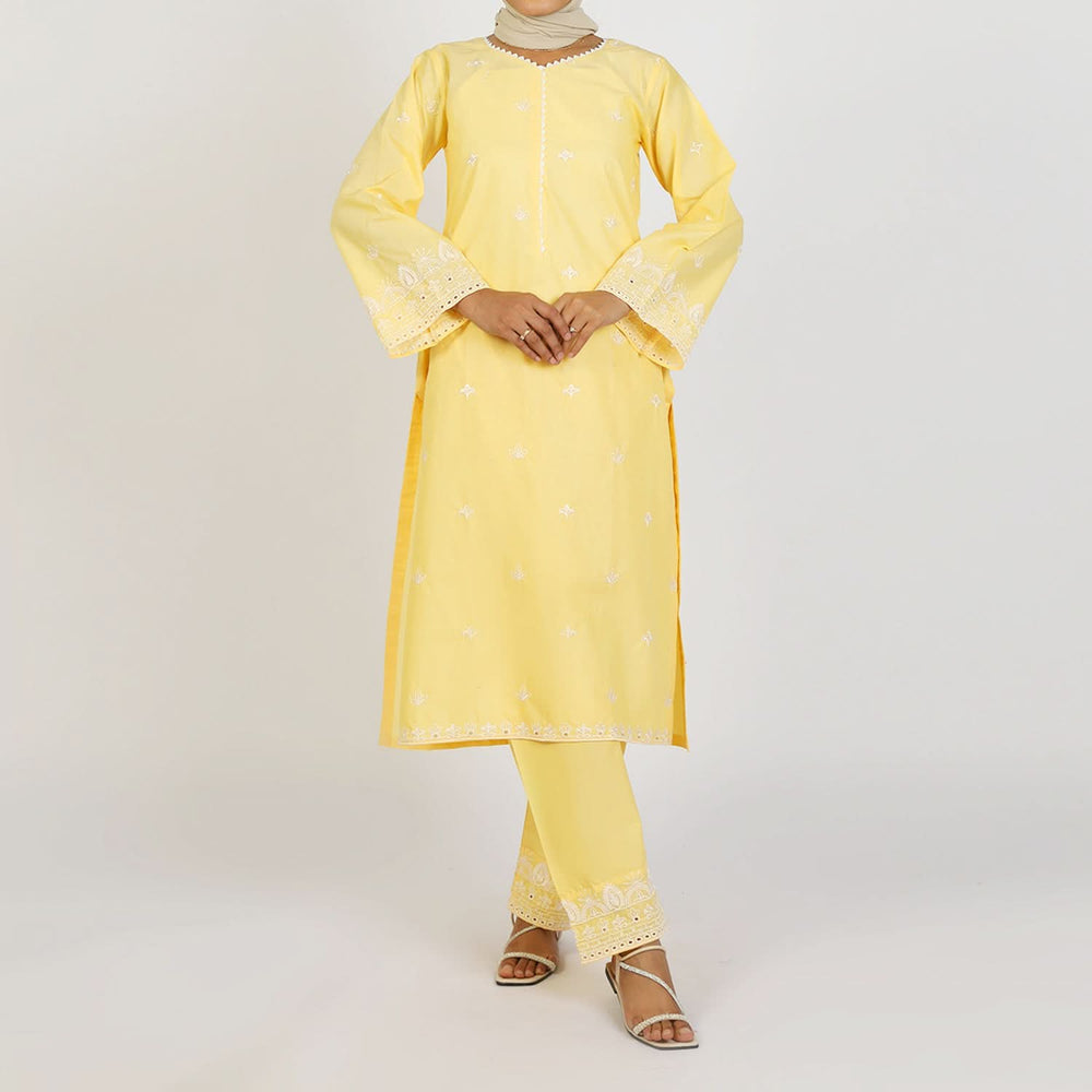 Women's Embroidered 2 Pcs Suit - Yellow, Women Shalwar Suits, Chase Value, Chase Value