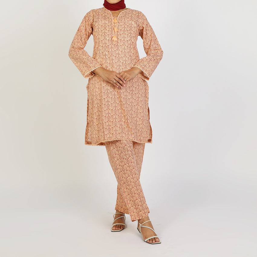 Women's Printed 2Pcs Suit - Dark Peach
