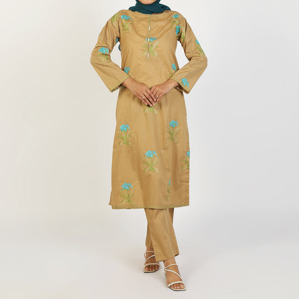 Women's Embroidered Eastern Co-ord Set - Khaki