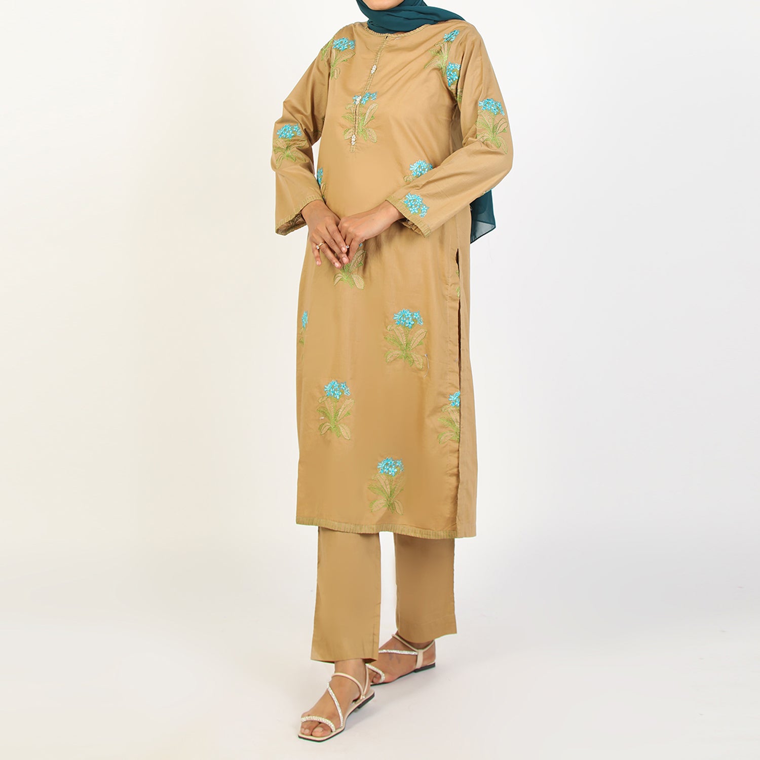 Women's Embroidered Eastern Co-ord Set - Khaki, Women Co-Ord Set, Chase Value, Chase Value