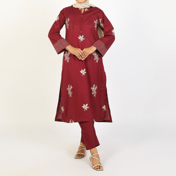 Women's Embroidered Eastern Co-ord Set - Burgandi