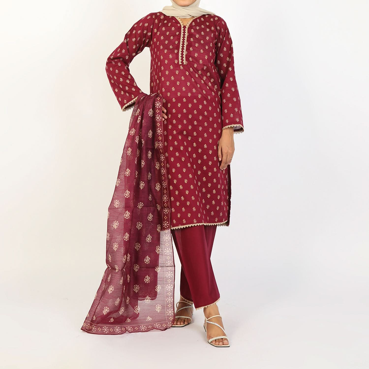 Women's Fancy 2Pcs Suit - Maroon, Women Shalwar Suits, Chase Value, Chase Value