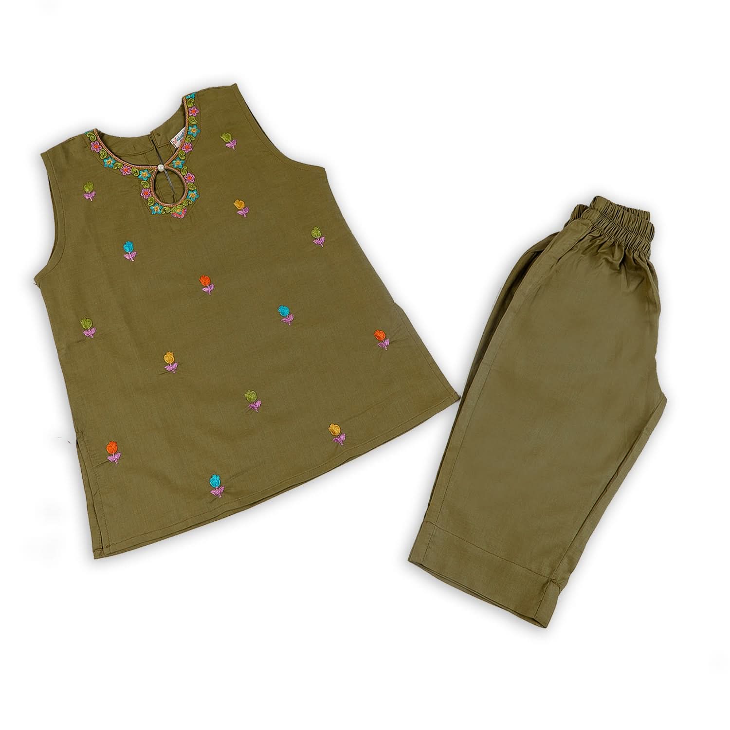 Girls Embriodered 2 Pcs Suit - Olive, Girls Suits, Chase Value, Chase Value