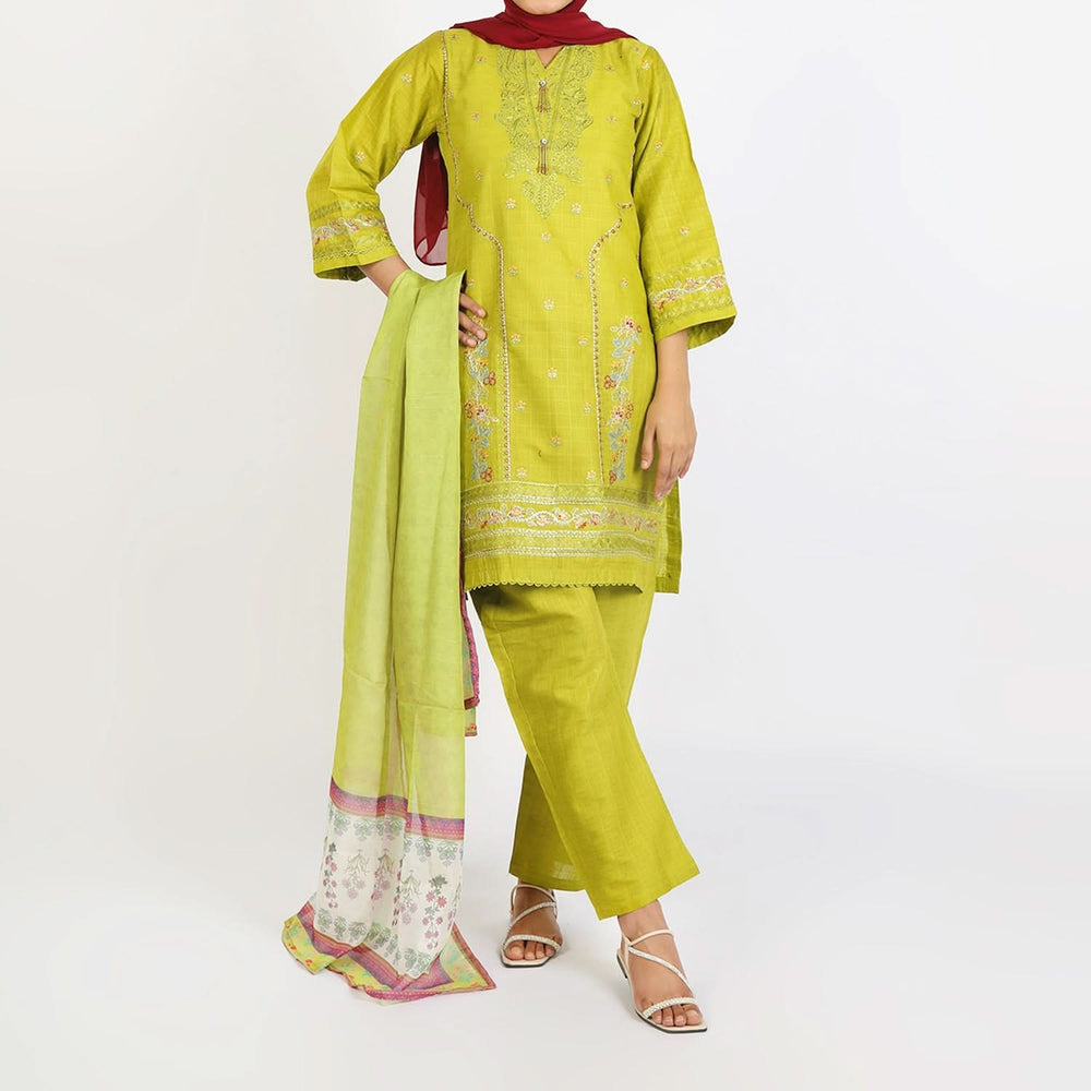 Women’s Stitched 3-Piece Cotton Suit – Lime Green, Women Shalwar Suits, Chase Value, Chase Value