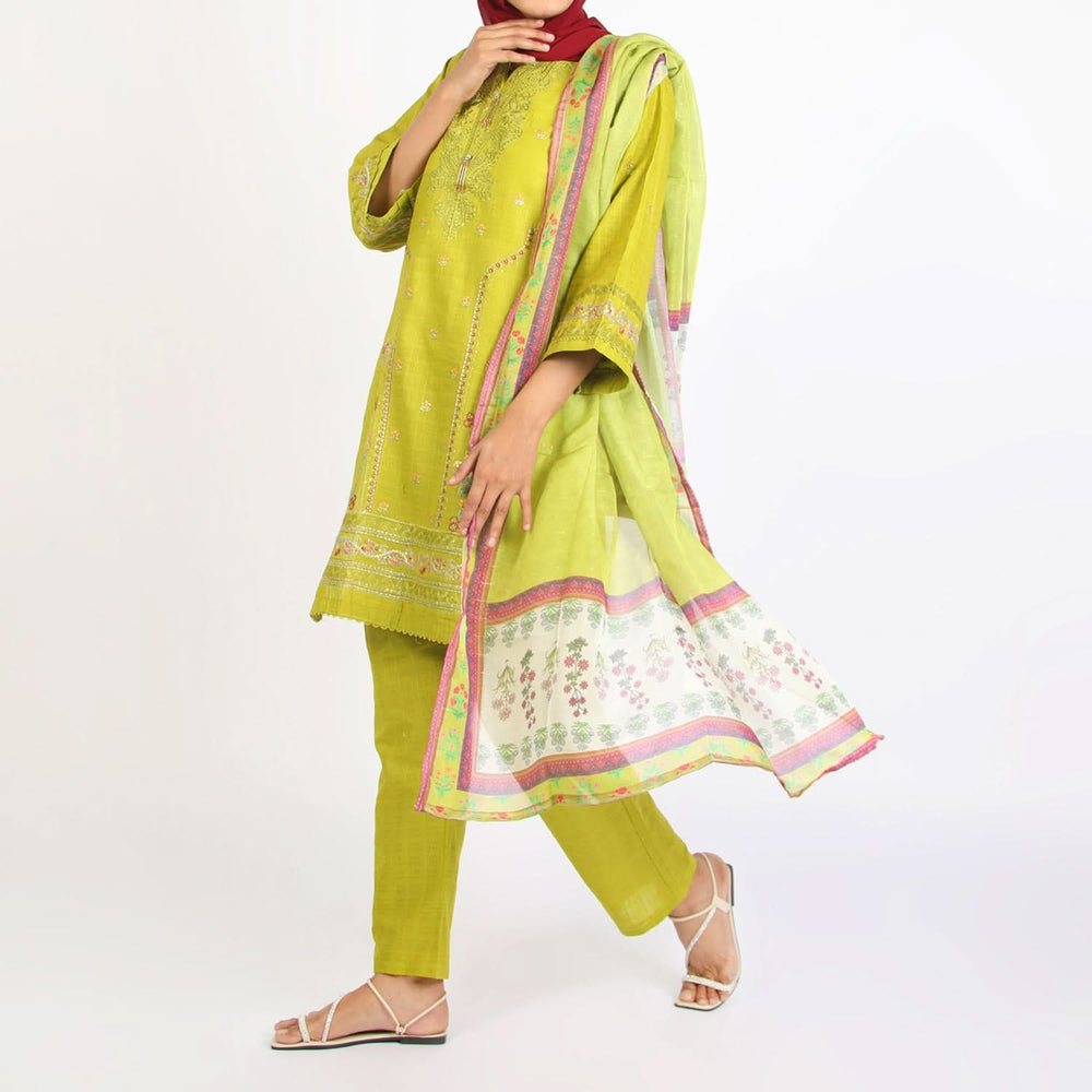 Women’s Stitched 3-Piece Cotton Suit – Lime Green, Women Shalwar Suits, Chase Value, Chase Value