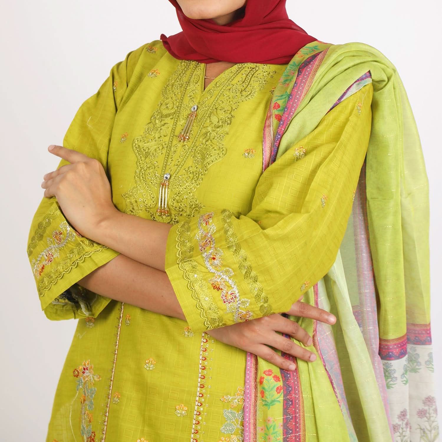 Women’s Stitched 3-Piece Cotton Suit – Lime Green, Women Shalwar Suits, Chase Value, Chase Value