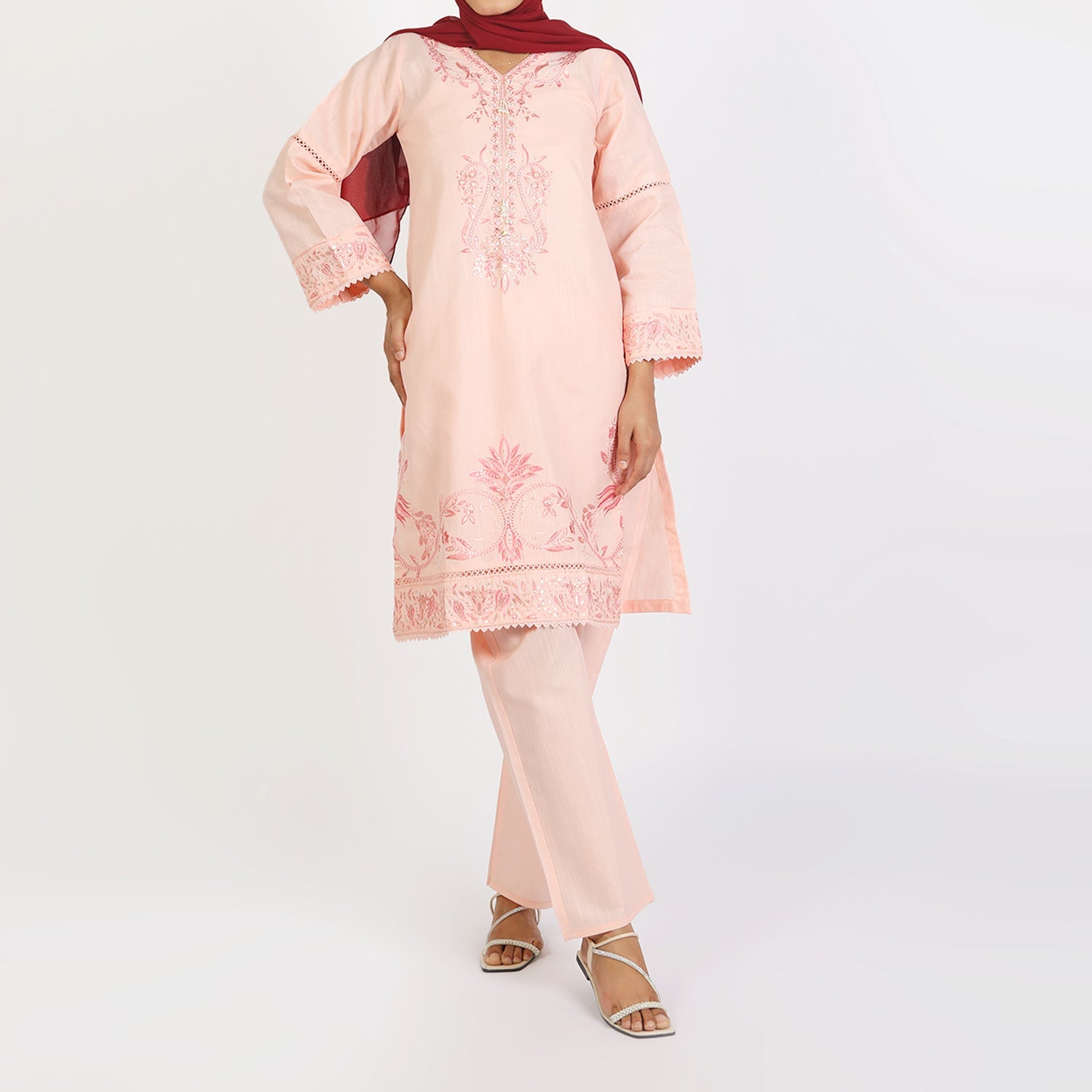 Women's Slub 2Pcs Suit - Pink, Women Shalwar Suits, Chase Value, Chase Value