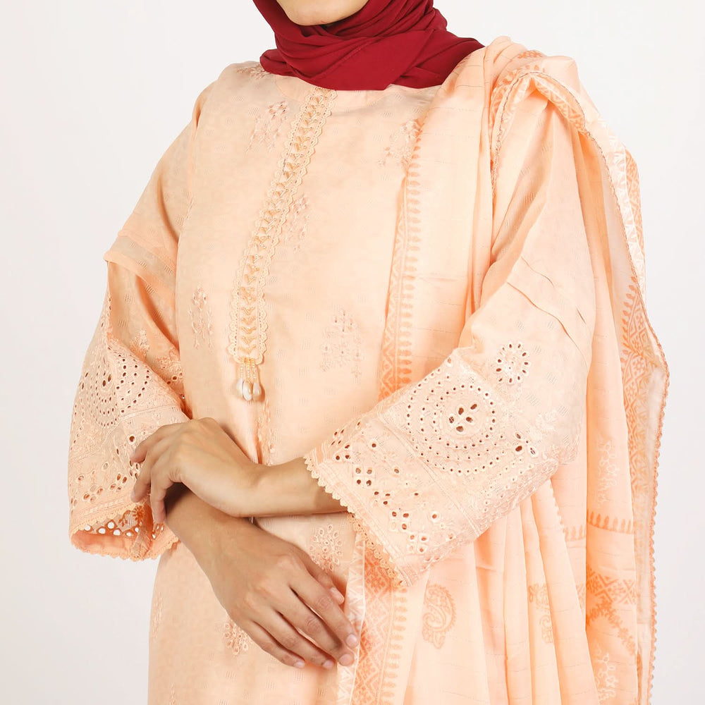 Women's Jacquard 3Pcs Suit - Peach, Women Shalwar Suits, Chase Value, Chase Value