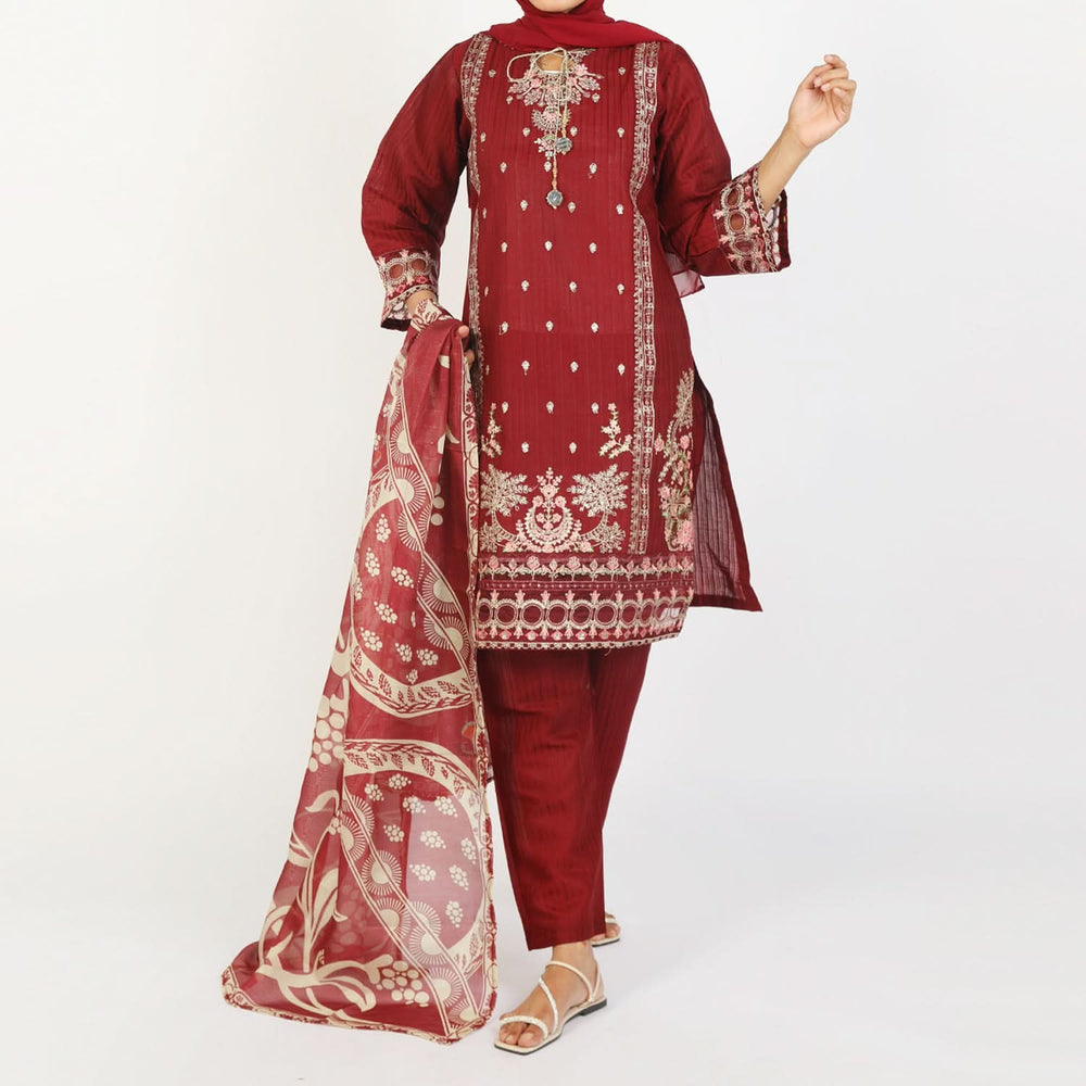 Women’s Stitched 3-Piece Cotton Suit – Deep Maroon, Women Shalwar Suits, Chase Value, Chase Value