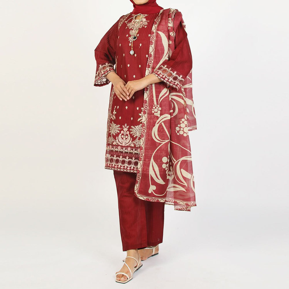 Women’s Stitched 3-Piece Cotton Suit – Deep Maroon, Women Shalwar Suits, Chase Value, Chase Value