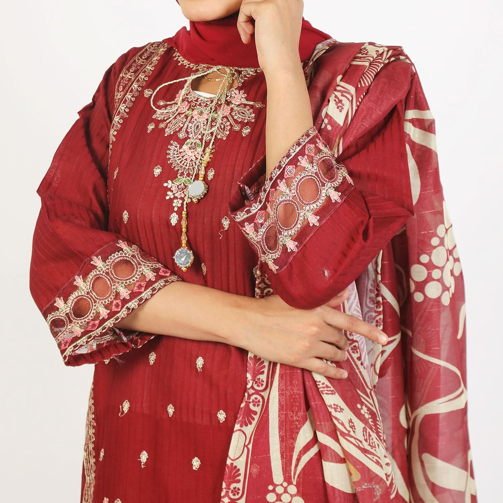 Women’s Stitched 3-Piece Cotton Suit – Deep Maroon, Women Shalwar Suits, Chase Value, Chase Value