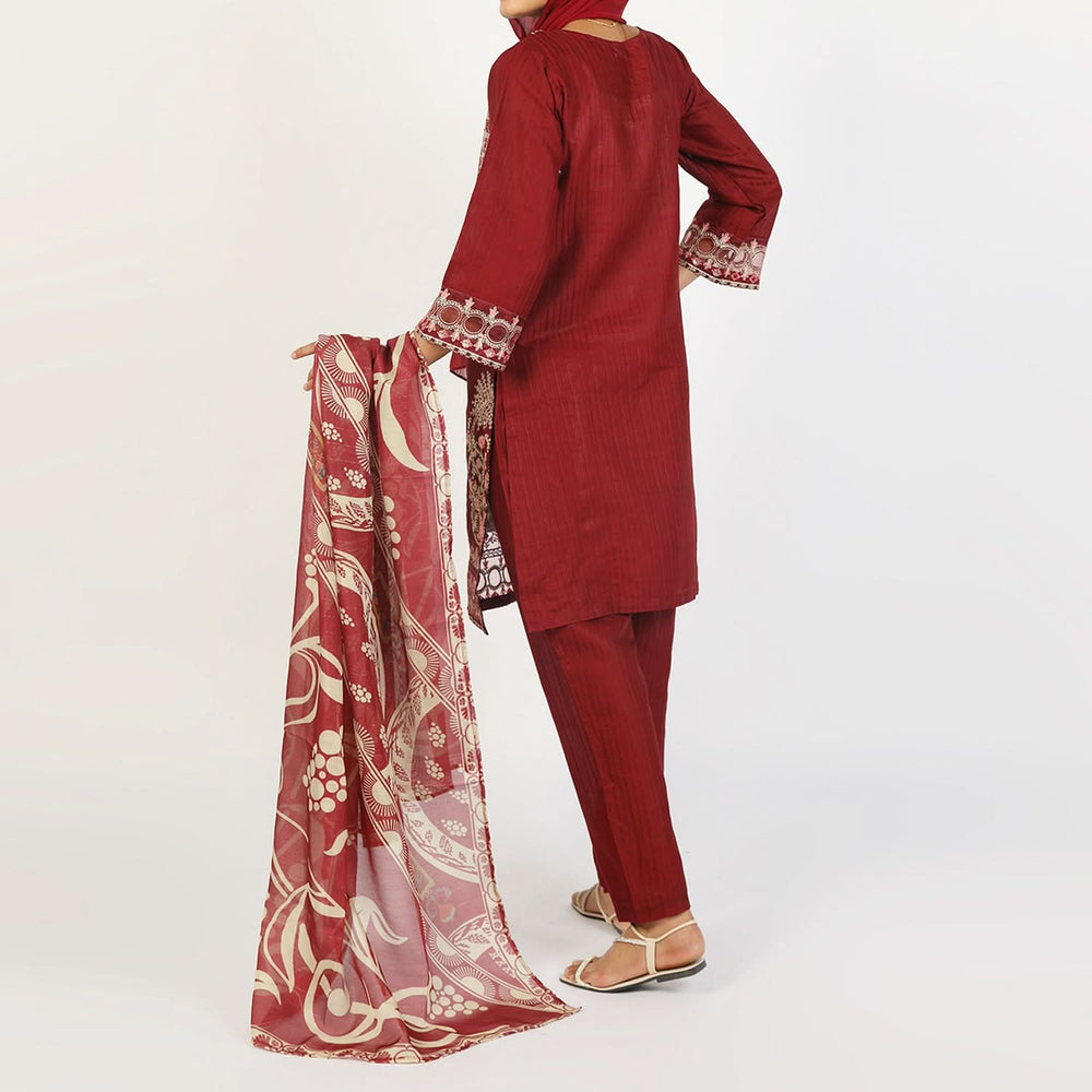 Women’s Stitched 3-Piece Cotton Suit – Deep Maroon, Women Shalwar Suits, Chase Value, Chase Value