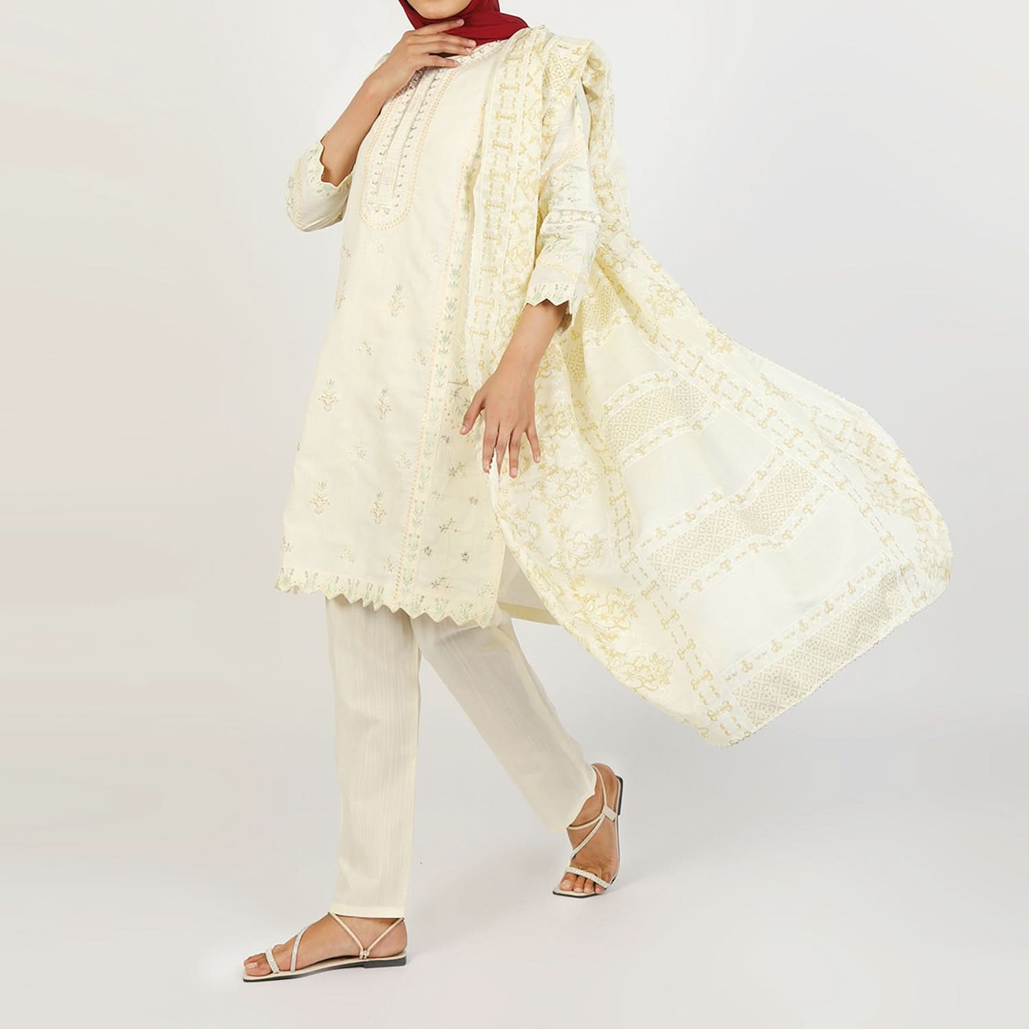 Women's Embroidered Jacquard 3Pcs Suit - Off White, Women Shalwar Suits, Chase Value, Chase Value