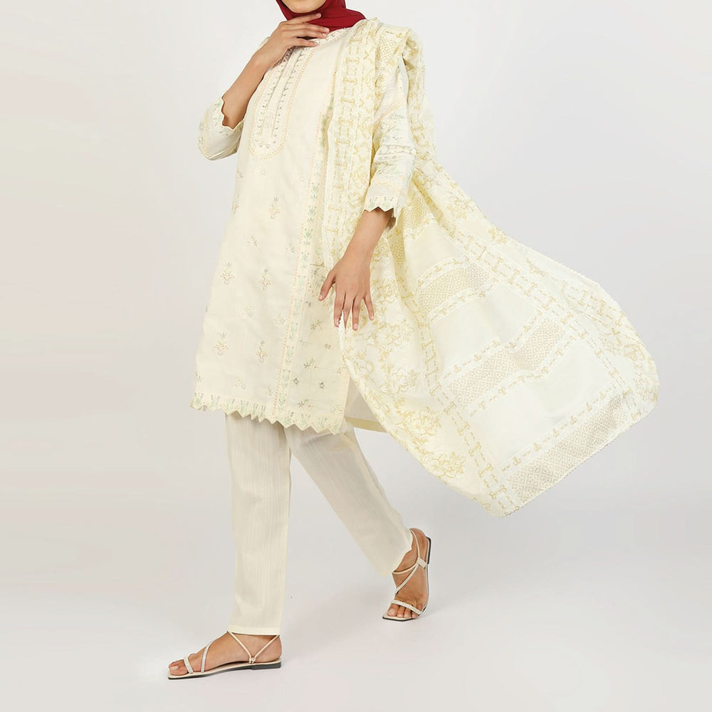 Women's Embroidered Jacquard 3Pcs Suit - Off White, Women Shalwar Suits, Chase Value, Chase Value