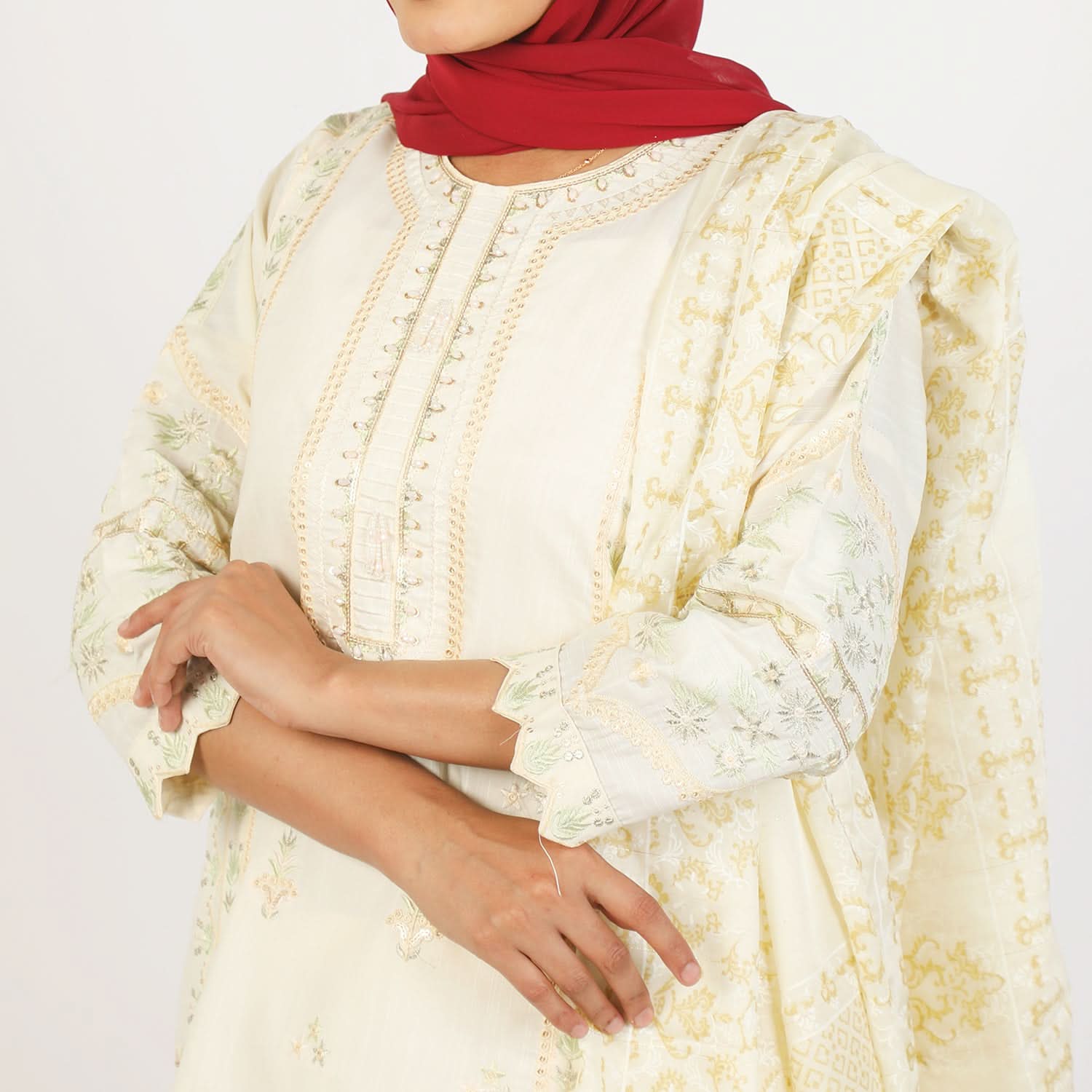 Women's Embroidered Jacquard 3Pcs Suit - Off White, Women Shalwar Suits, Chase Value, Chase Value