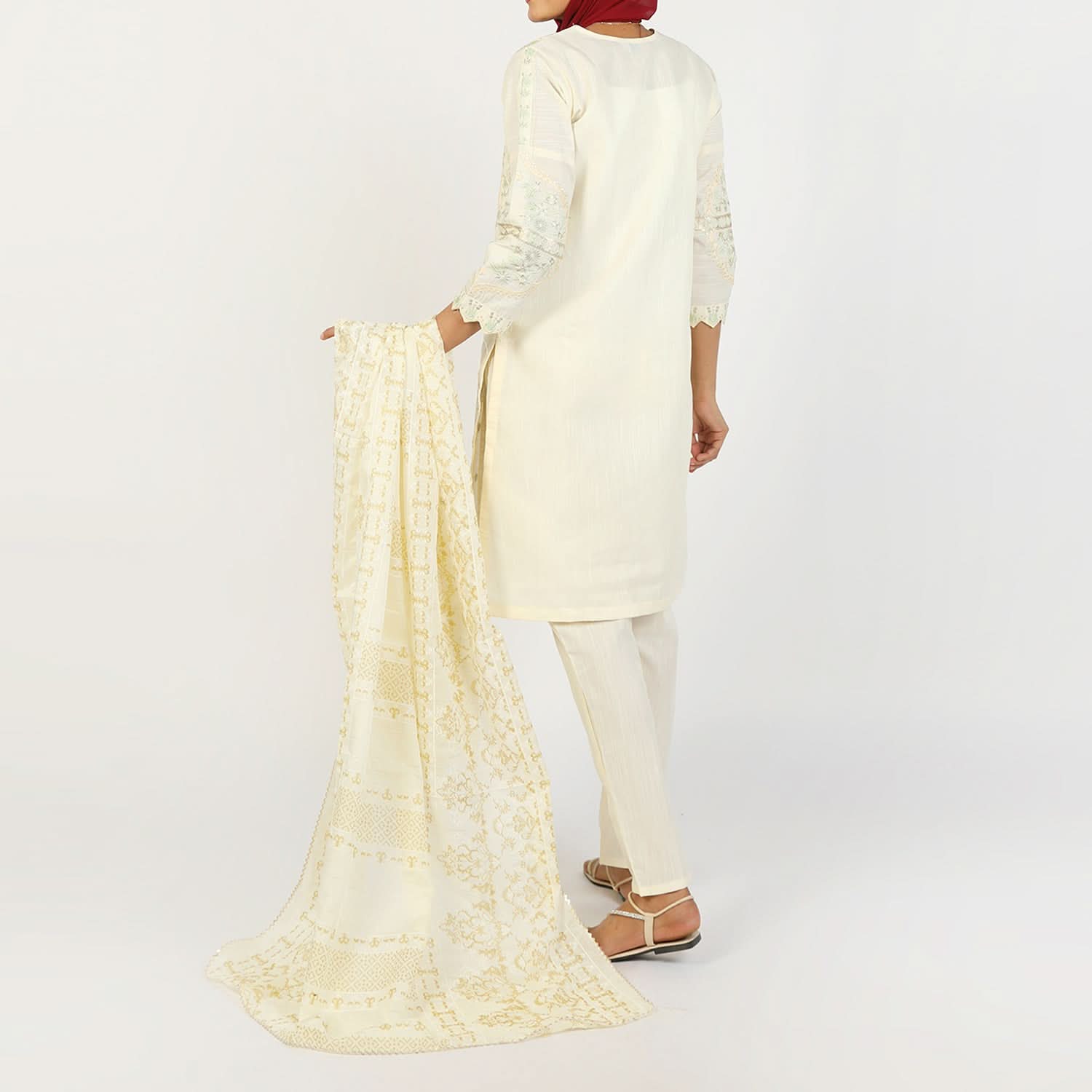 Women's Embroidered Jacquard 3Pcs Suit - Off White, Women Shalwar Suits, Chase Value, Chase Value