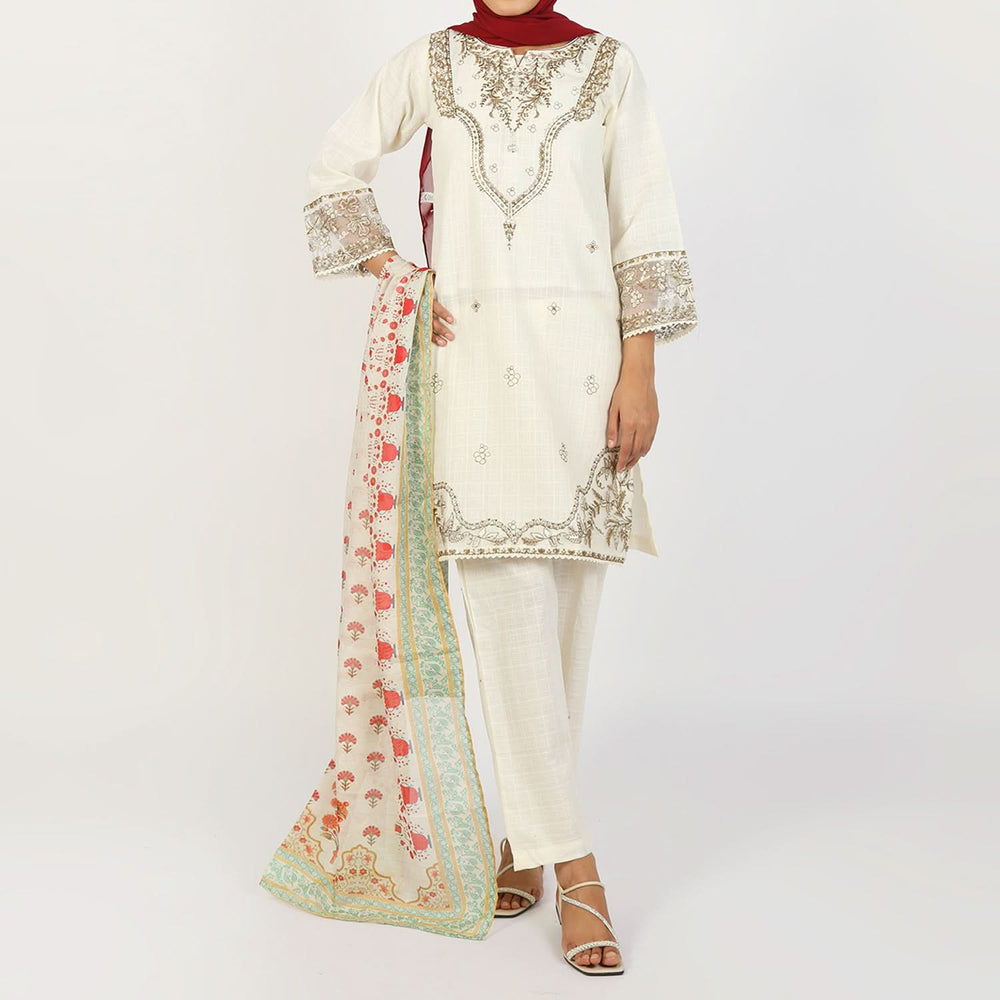 Women’s Stitched 3-Piece Cotton Suit – Off-White, Women Shalwar Suits, Chase Value, Chase Value