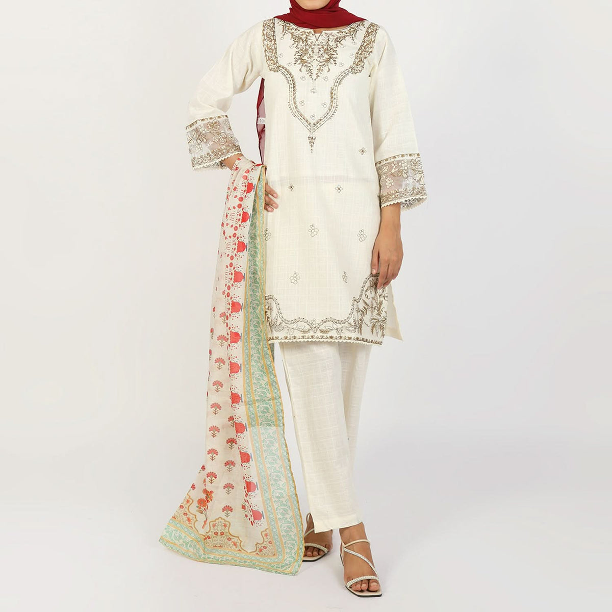 Women’s Stitched 3-Piece Cotton Suit – Off-White, Women Shalwar Suits, Chase Value, Chase Value