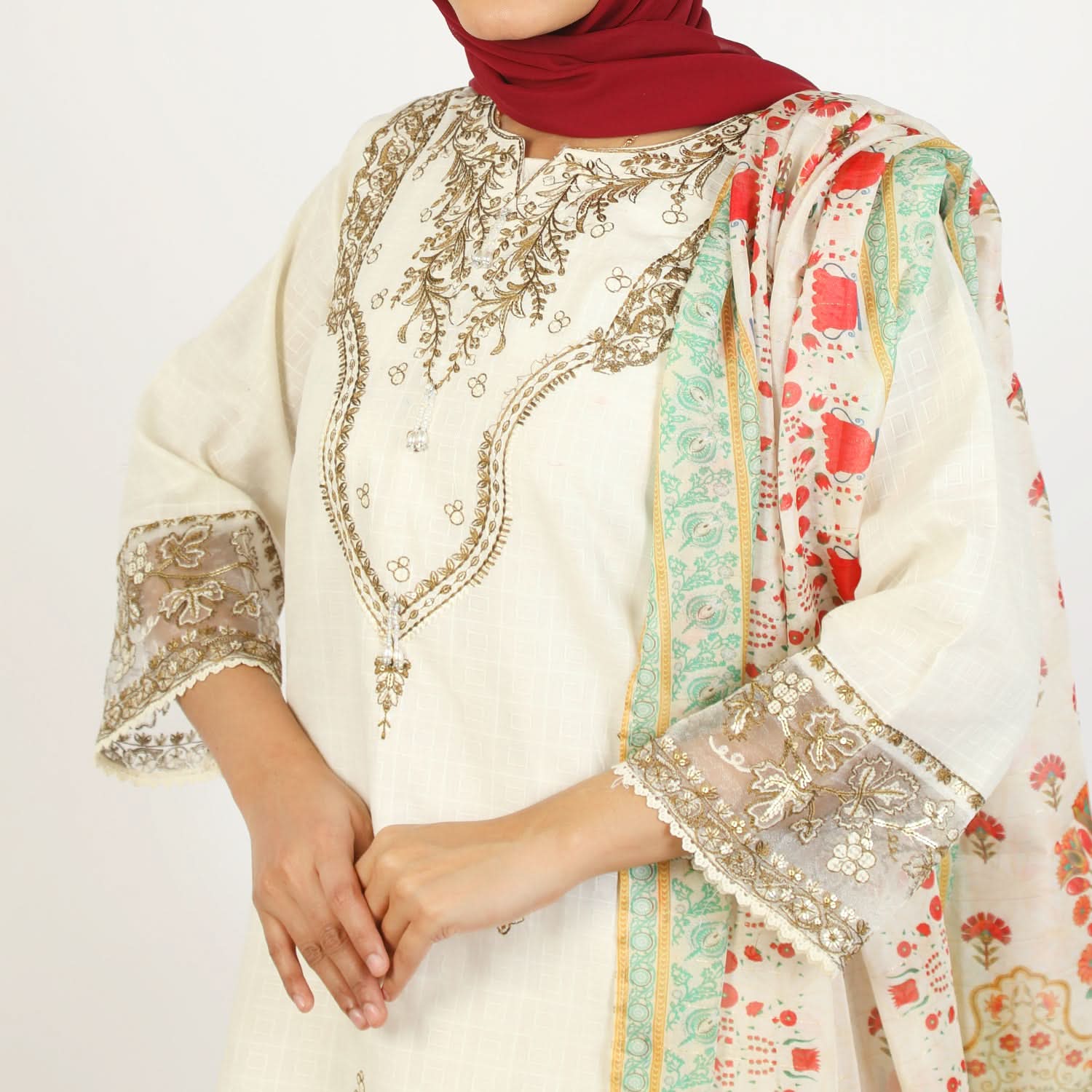 Women’s Stitched 3-Piece Cotton Suit – Off-White, Women Shalwar Suits, Chase Value, Chase Value