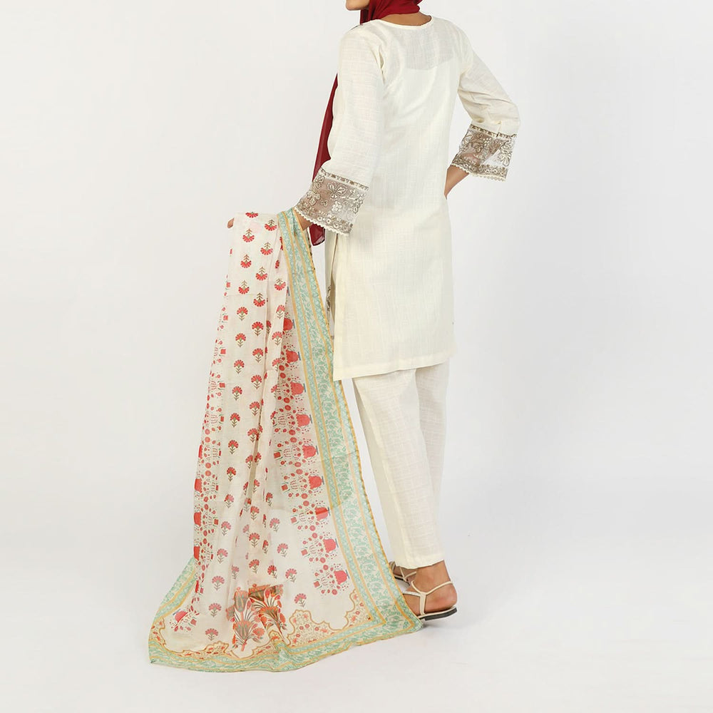 Women’s Stitched 3-Piece Cotton Suit – Off-White, Women Shalwar Suits, Chase Value, Chase Value
