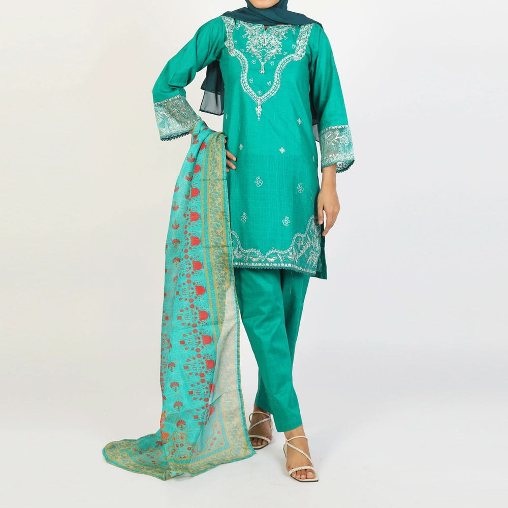 Women’s Stitched 3-Piece Cotton Suit – Emerald Green, Women Shalwar Suits, Chase Value, Chase Value