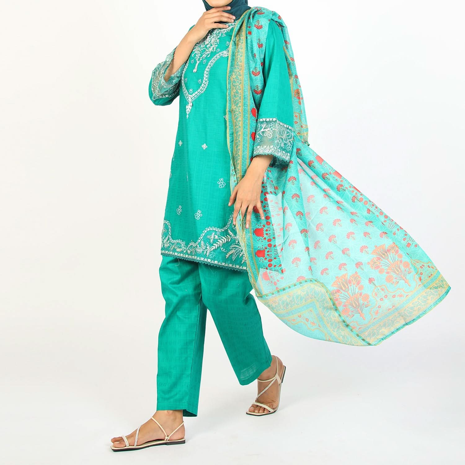 Women’s Stitched 3-Piece Cotton Suit – Emerald Green, Women Shalwar Suits, Chase Value, Chase Value