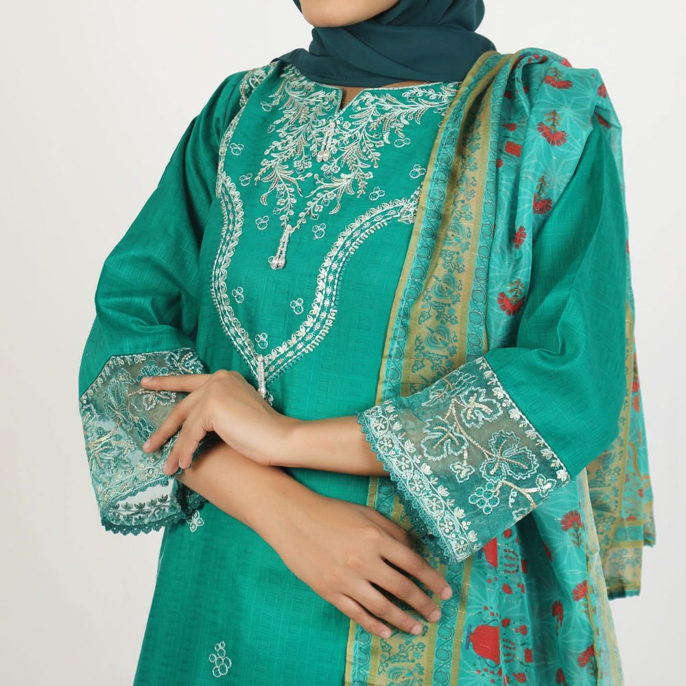 Women’s Stitched 3-Piece Cotton Suit – Emerald Green, Women Shalwar Suits, Chase Value, Chase Value