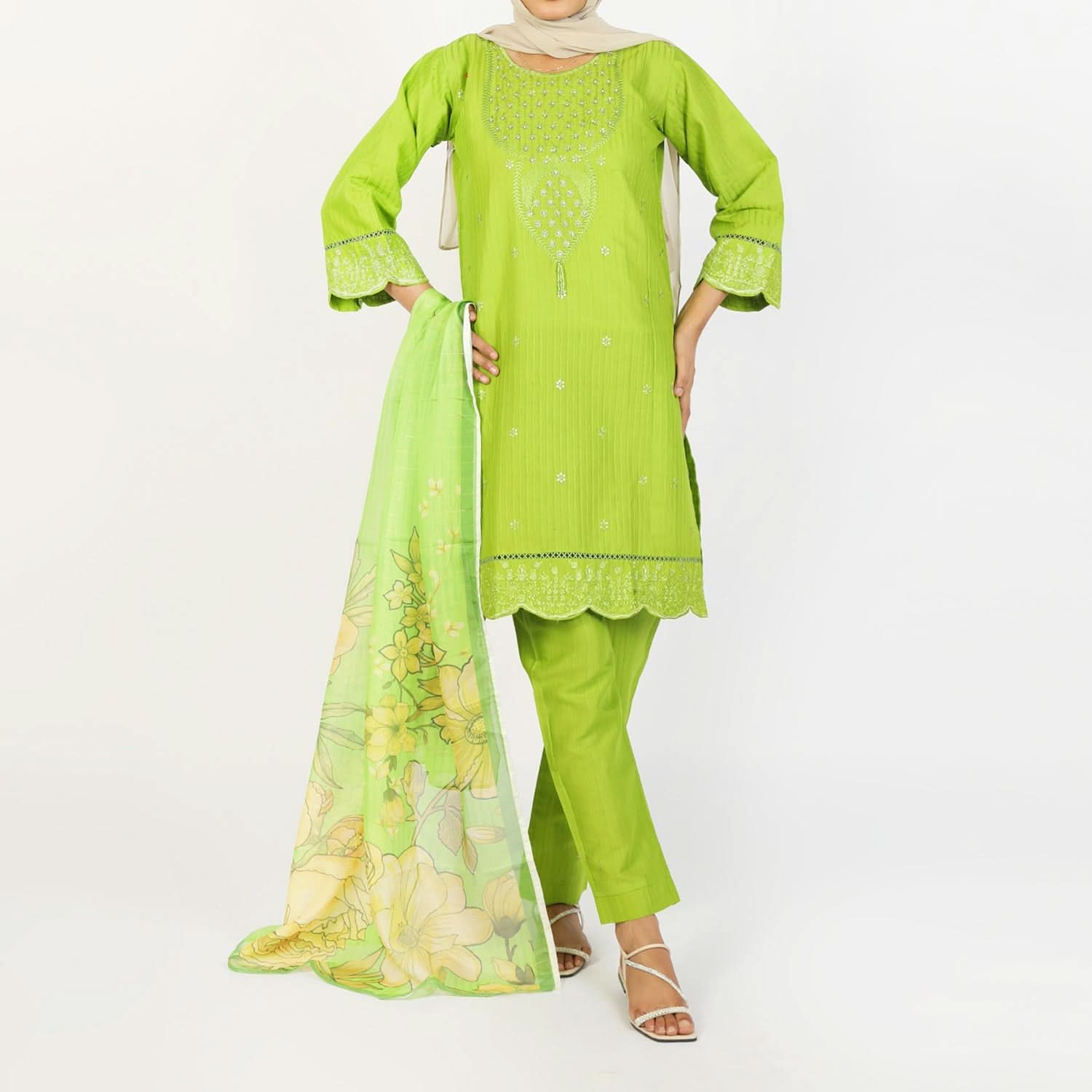 Women’s Stitched 3-Piece Cotton Suit – Parrot Green, Women Shalwar Suits, Chase Value, Chase Value