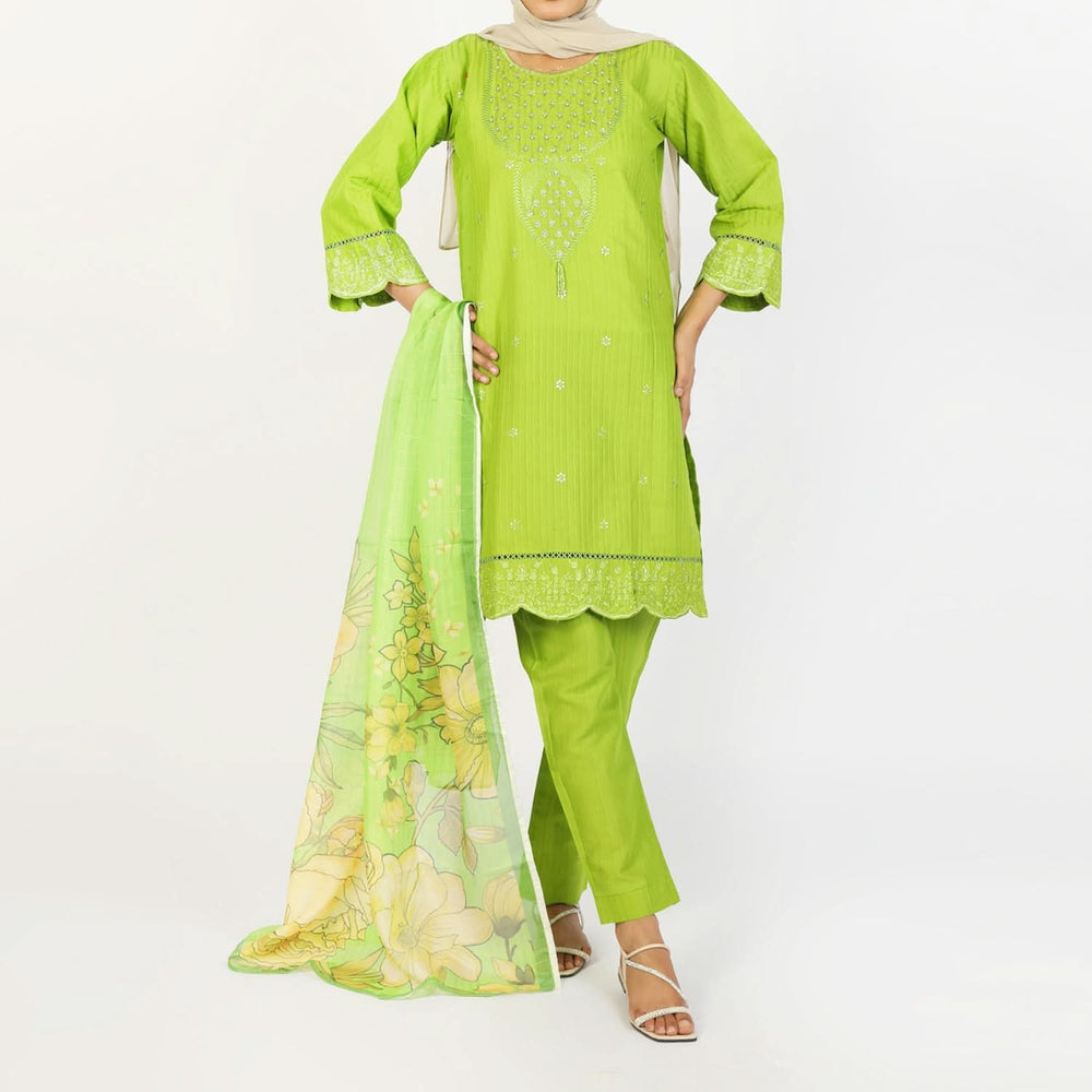 Women’s Stitched 3-Piece Cotton Suit – Parrot Green, Women Shalwar Suits, Chase Value, Chase Value