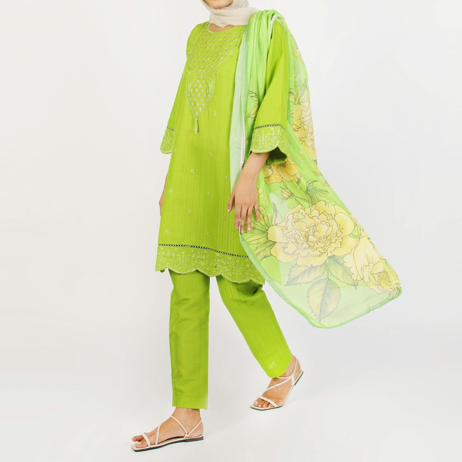 Women’s Stitched 3-Piece Cotton Suit – Parrot Green, Women Shalwar Suits, Chase Value, Chase Value