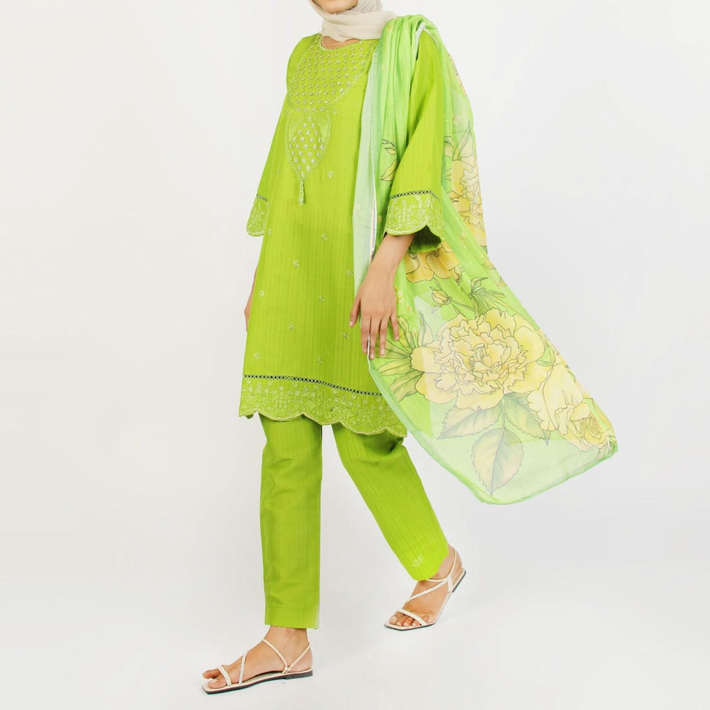 Women’s Stitched 3-Piece Cotton Suit – Parrot Green, Women Shalwar Suits, Chase Value, Chase Value