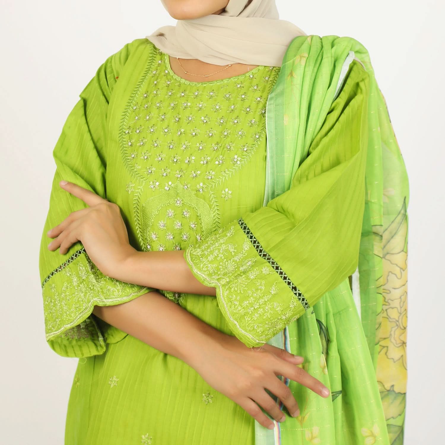 Women’s Stitched 3-Piece Cotton Suit – Parrot Green, Women Shalwar Suits, Chase Value, Chase Value