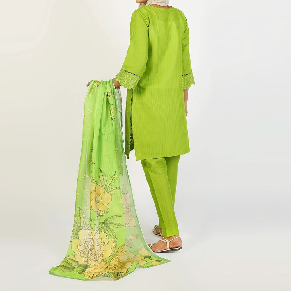 Women’s Stitched 3-Piece Cotton Suit – Parrot Green, Women Shalwar Suits, Chase Value, Chase Value