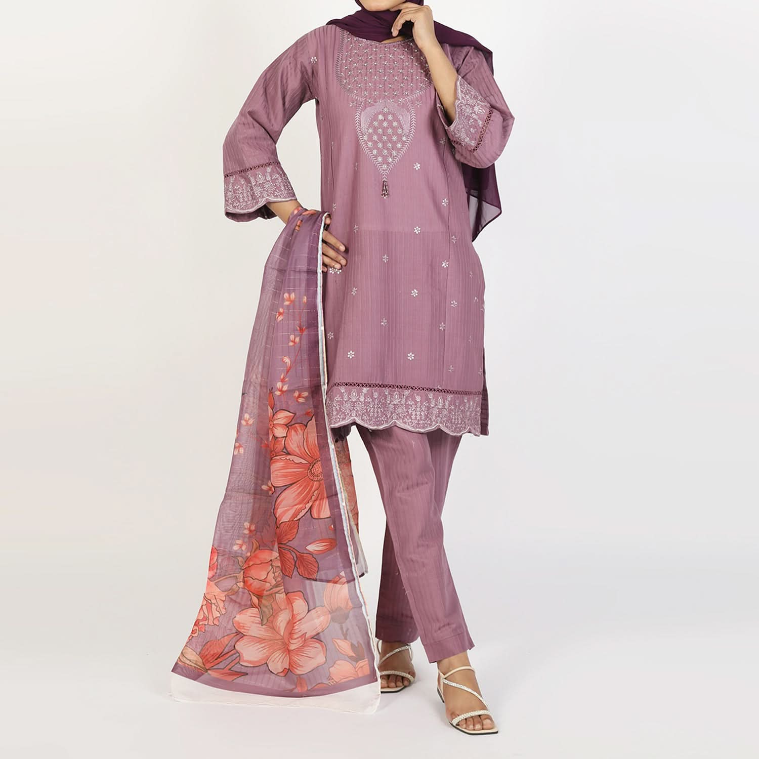 Women’s Stitched 3-Piece Cotton Suit – Mauve, Women Shalwar Suits, Chase Value, Chase Value