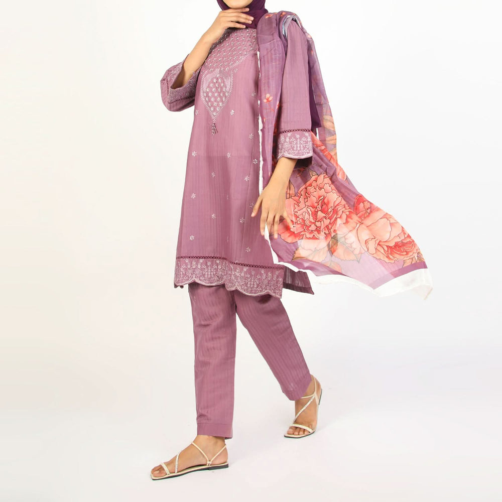 Women’s Stitched 3-Piece Cotton Suit – Mauve, Women Shalwar Suits, Chase Value, Chase Value