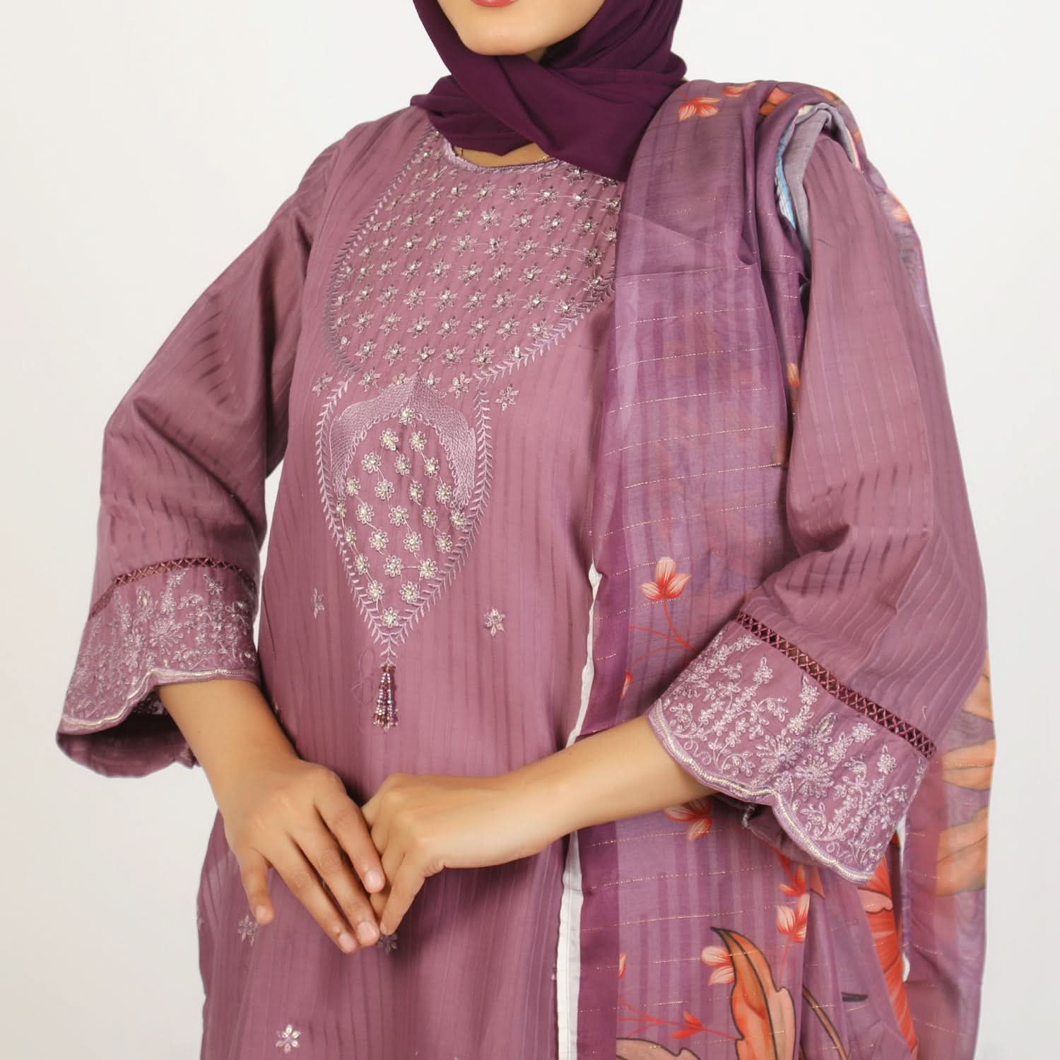 Women’s Stitched 3-Piece Cotton Suit – Mauve, Women Shalwar Suits, Chase Value, Chase Value