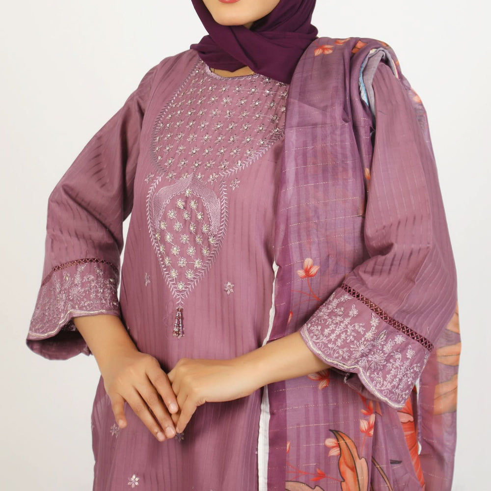 Women’s Stitched 3-Piece Cotton Suit – Mauve, Women Shalwar Suits, Chase Value, Chase Value