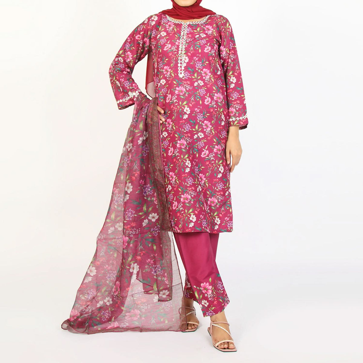 Women's Lawn Printed Embroidered 3Pcs Suit - Purple, Women Shalwar Suits, Chase Value, Chase Value