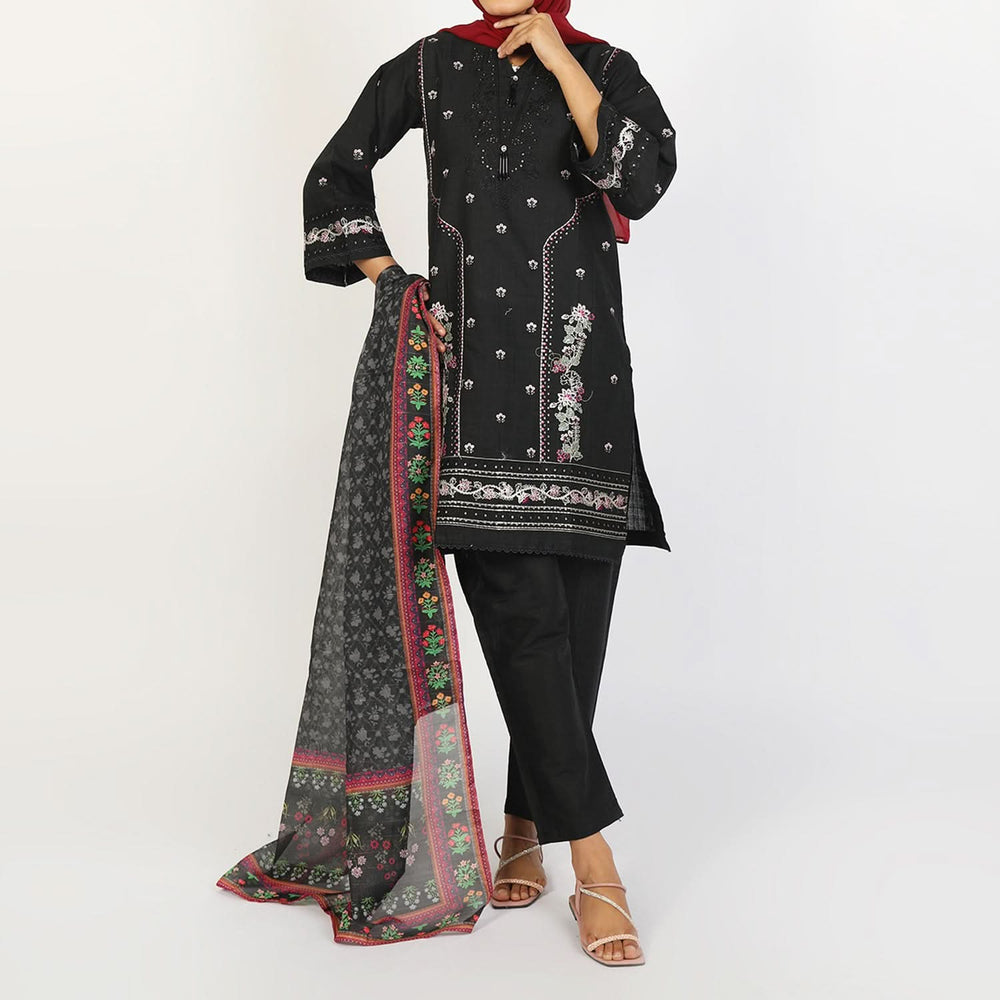 Women’s Stitched 3-Piece Cotton Suit – Black, Women Shalwar Suits, Chase Value, Chase Value